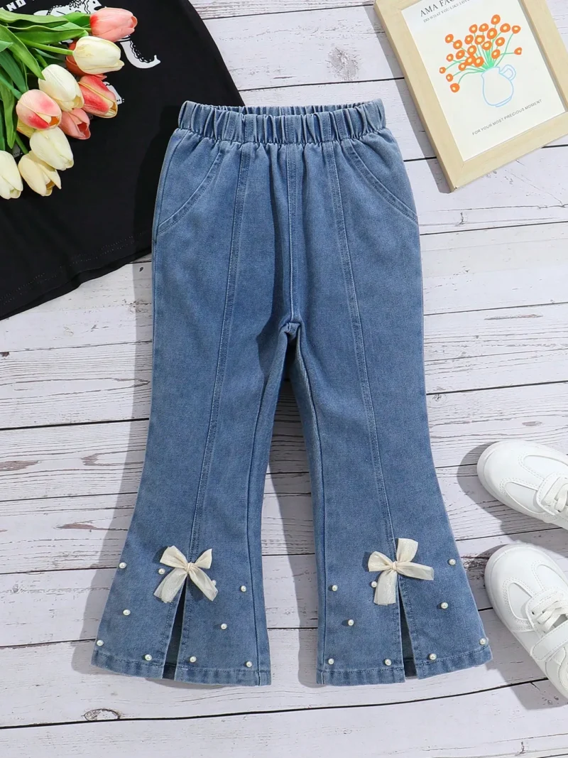 YFaux Pearl & Bow Decor Slit Hem Cropped Flared Pants