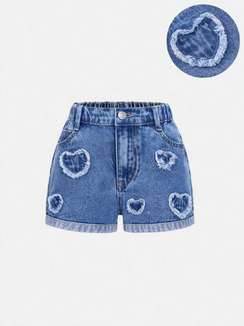 Heart Embroidery Washed Denim Shorts Comfortable