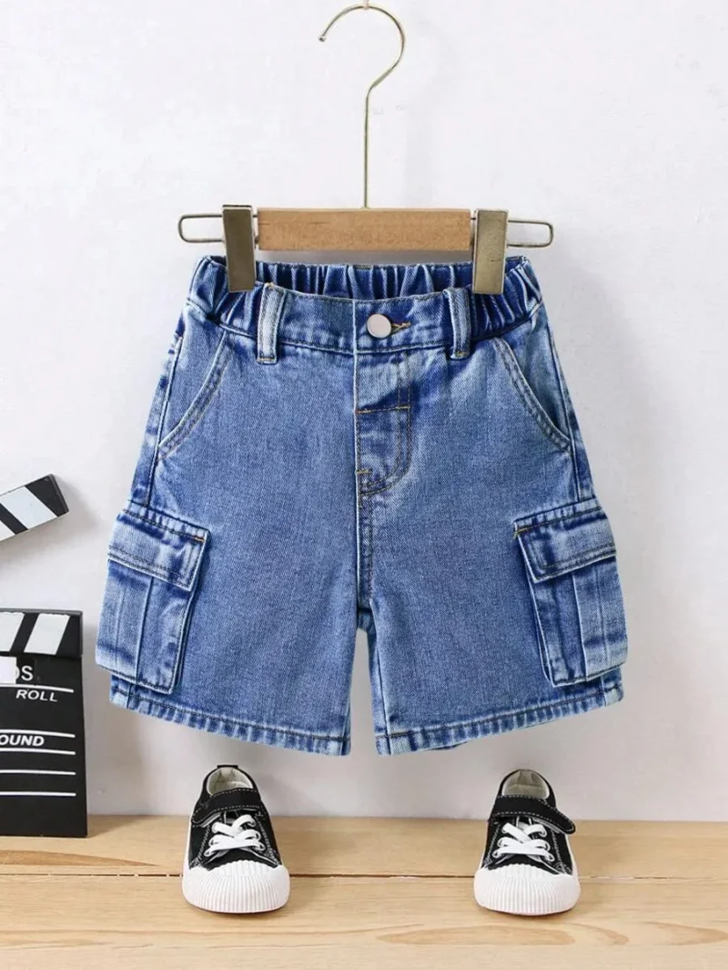 Multi Pocket Straight Loose Leg Cargo Denim Shorts