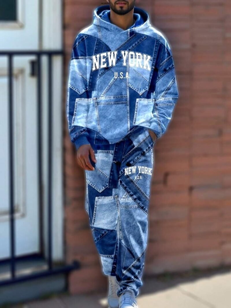 Denim Effect Hooded Sweatshirt And Sweatpants