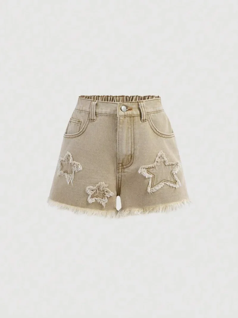 Patched Faded Frayed Denim Jeans Shorts for Girls Summer