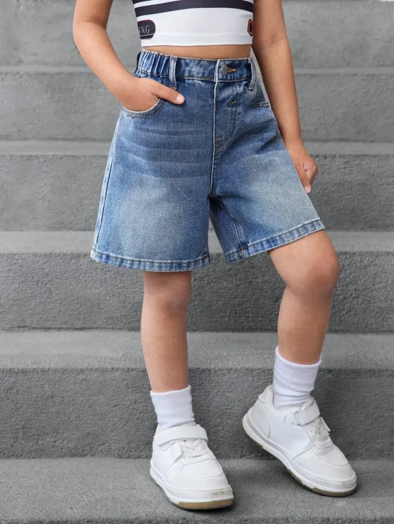 Pockets Loose Casual Retro Blue Denim Shorts