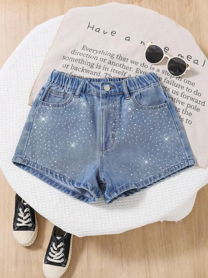 Ripped & Rhinestone Detail Pocket Denim Wash Casual Shorts