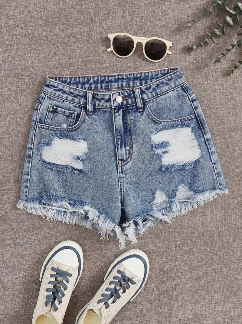 Ripped Raw Hem Denim Shorts