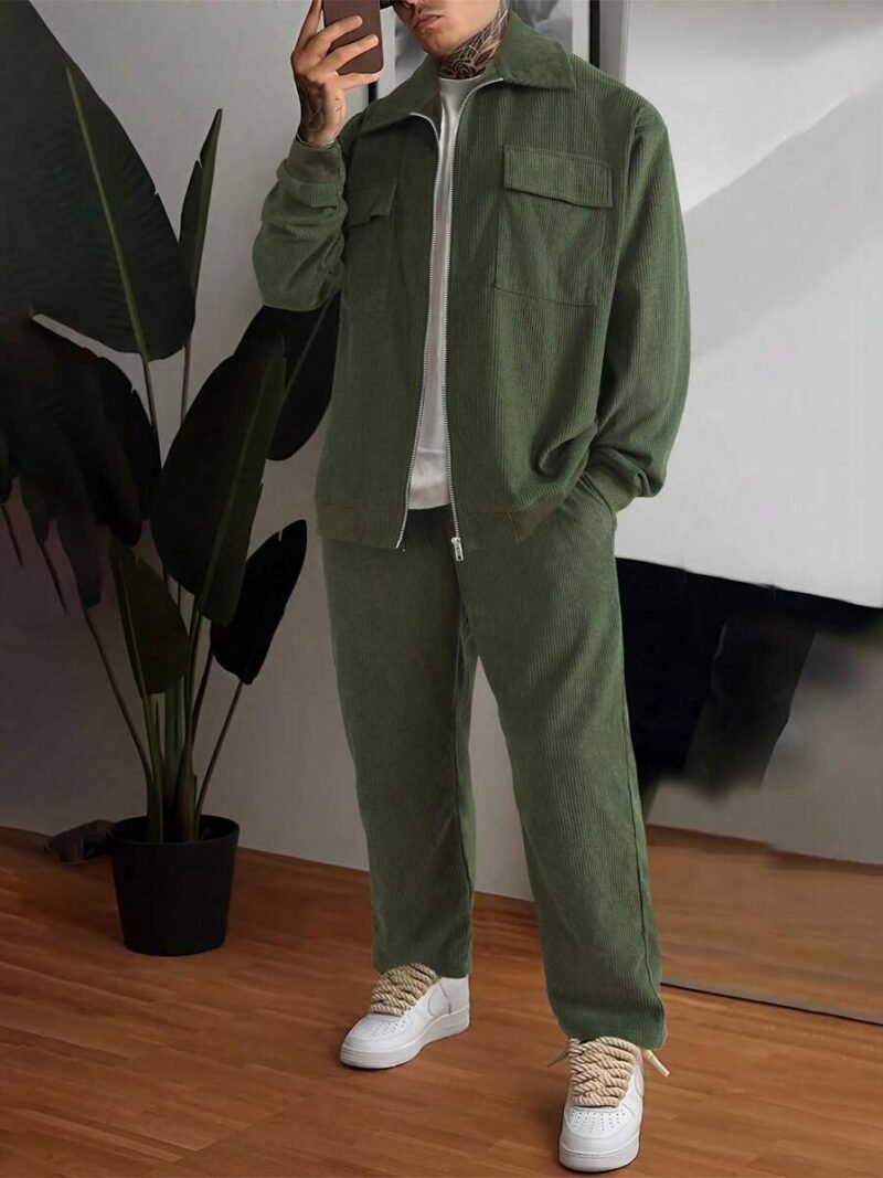 Solid Color Corduroy Zipped Cardigan Pocket