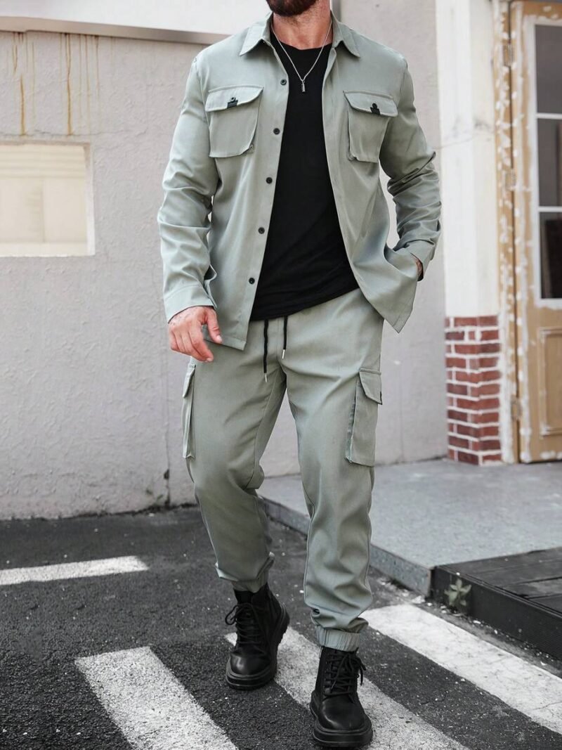 Solid Color Front Button Closure Long Sleeve Pocket