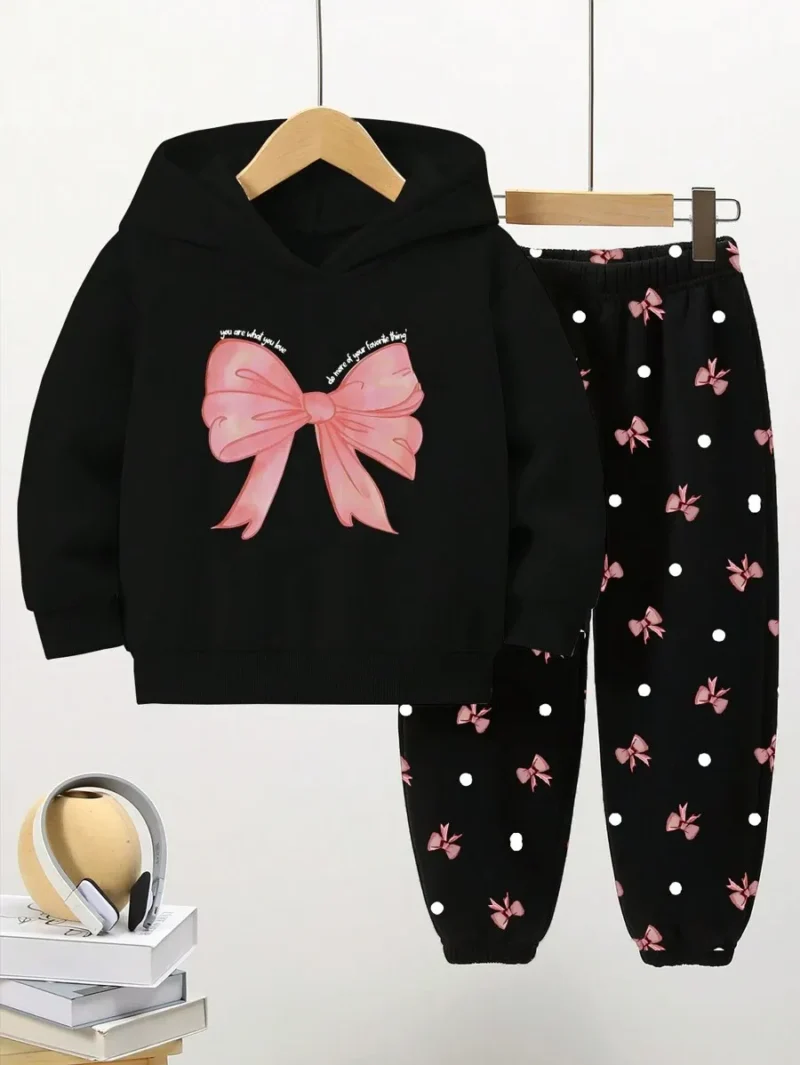 Hoodie Sweatshirt Top With Bow Print And Drawstring Waist Pants