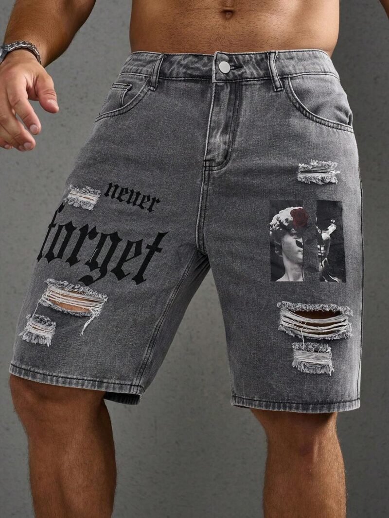 Printed Distressed Denim Shorts With Pockets