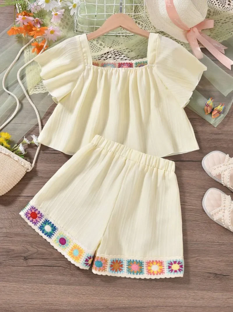 Woven Tape Square Neckline Ruffled Shorts
