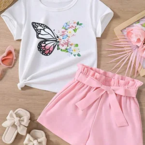 Butterfly & Flower Printed Short Sleeve T Shirt