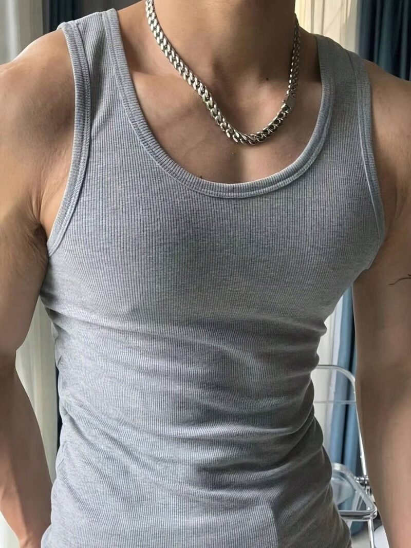 Thick Rib Knit Tank Top Vintage Fitness Compression Shirt