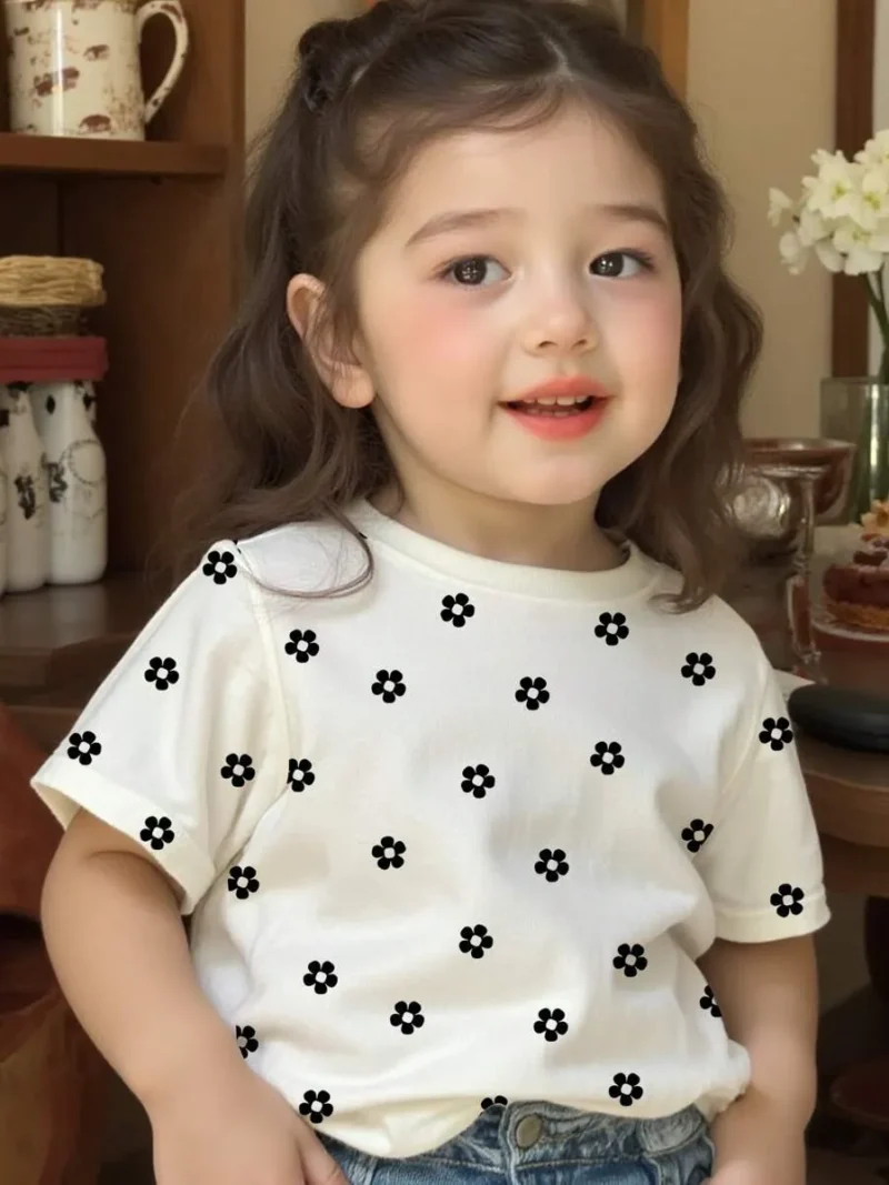 Casual Polka Dot & Flower Print Short Sleeve Crew Neck Top