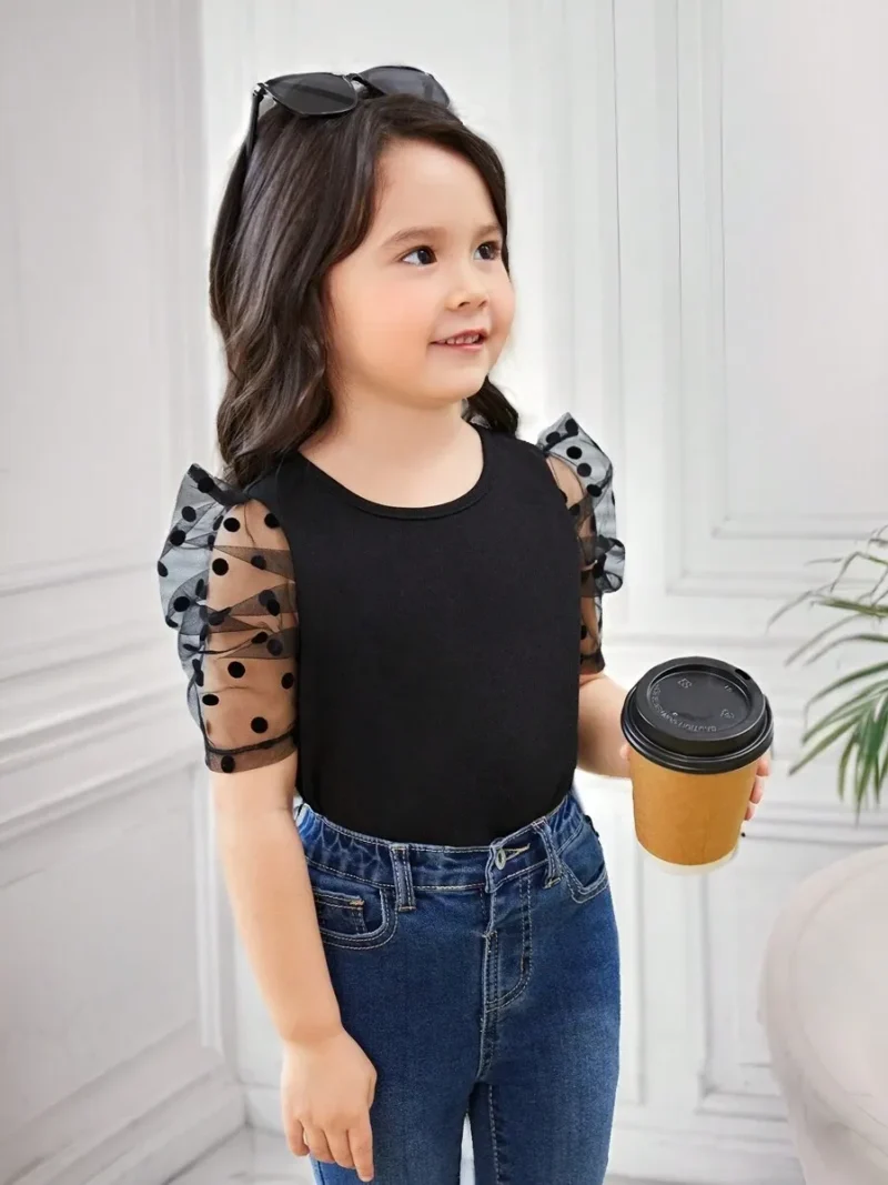 Contrast Dobby Mesh Puff Sleeve Blouse