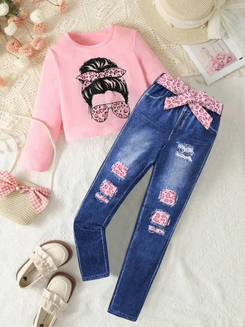 Figure Graphic Tee & Denim Effect Print Belted Pants