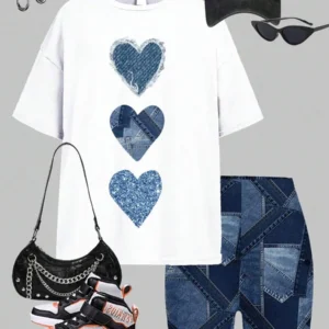 Heart Print Casual Simple Short Sleeve Loose T Shirt
