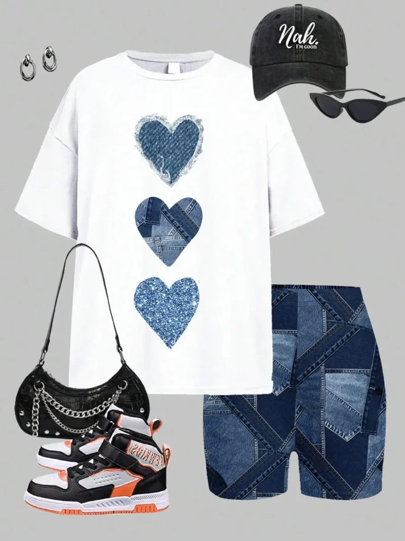 Heart Print Casual Simple Short Sleeve Loose T Shirt