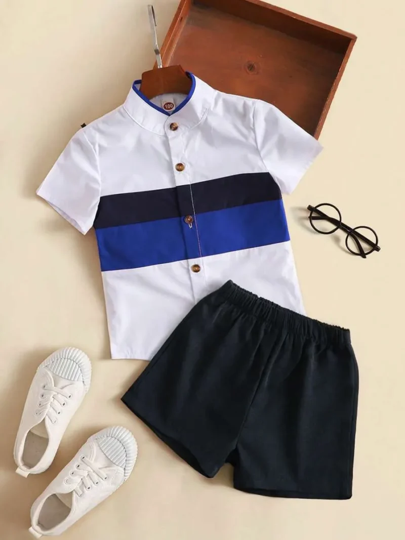 Long Sleeve Collared Shirt And Shorts Set With Adjustable Cuff