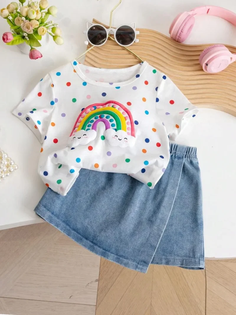 Round Neck Regular Sleeves Colorful Polka Dot Rainbow Printed T Shirt