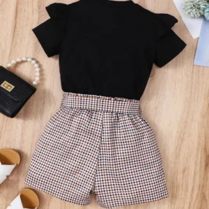 Ruffle Trim Tee & Gingham Paperbag Waist Belted Shorts