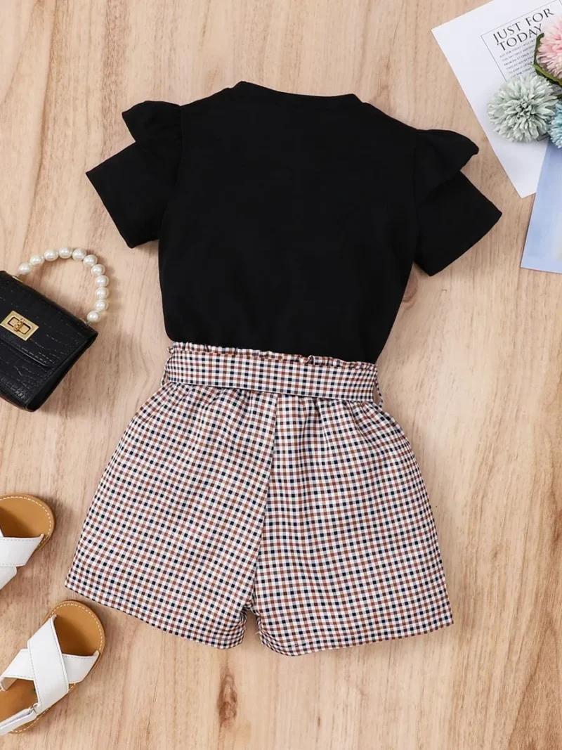 Ruffle Trim Tee & Gingham Paperbag Waist Belted Shorts