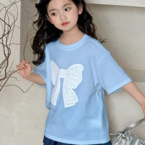 Small Round Neck Knit Short Sleeve Butterfly Print T Shirt