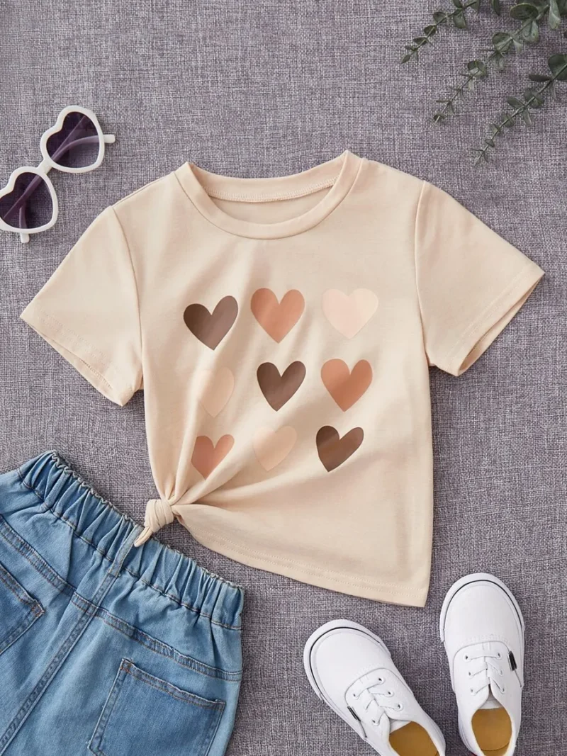 Solid Color Fitted Short Sleeve T Shirt With Heart Pattern