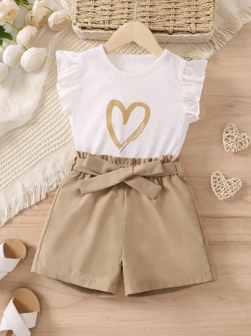 Toddler Girls Heart Print Ruffle Trim Tee & Paperbag Waist Shorts Set