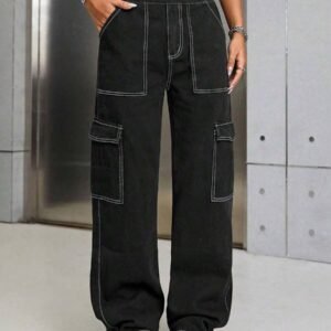 Casual Minimalist Denim Effect Cargo Pants