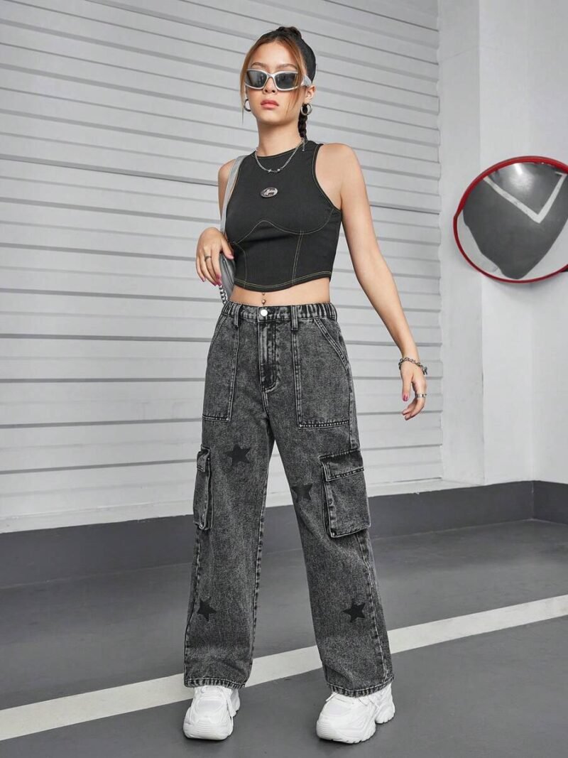 Casual Streetwear Star Print Washed Denim Cargo Pants
