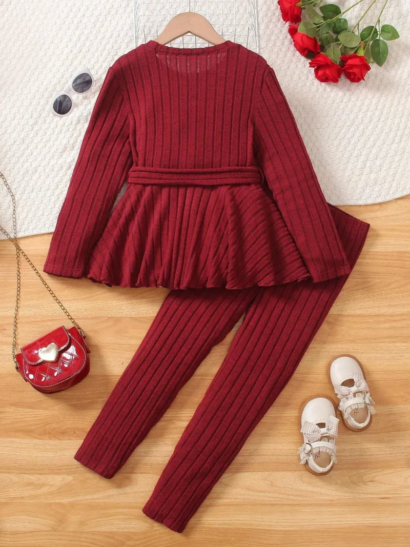 Bowknot Tie Waist Crew Neck Sweatshirt & Ribbed Sweatpants