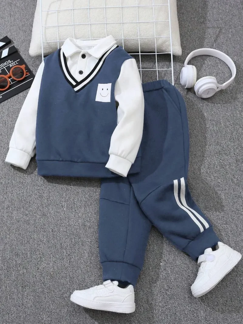 Collared Top And Side Stripe Knit Pants Set
