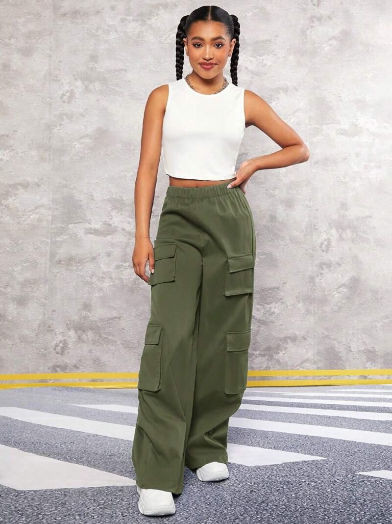 Solid Tank Top & Flap Pocket Side Cargo Pants