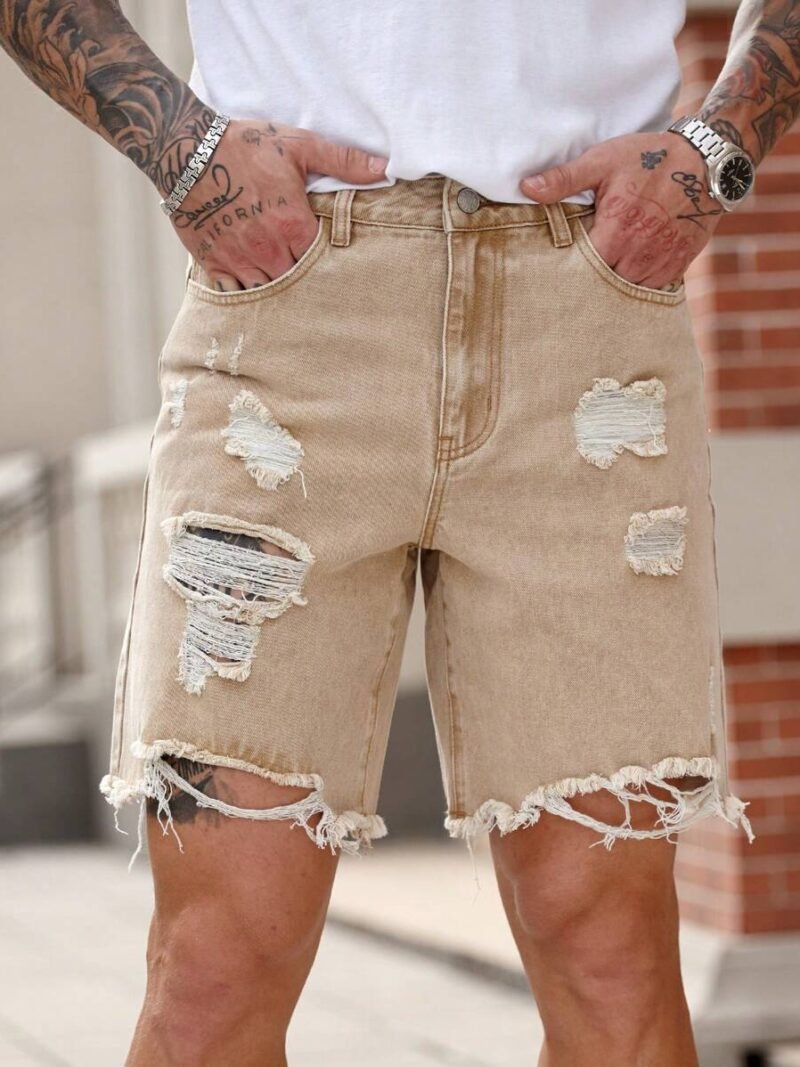 Slim Fit Straight Leg Khaki Denim Shorts