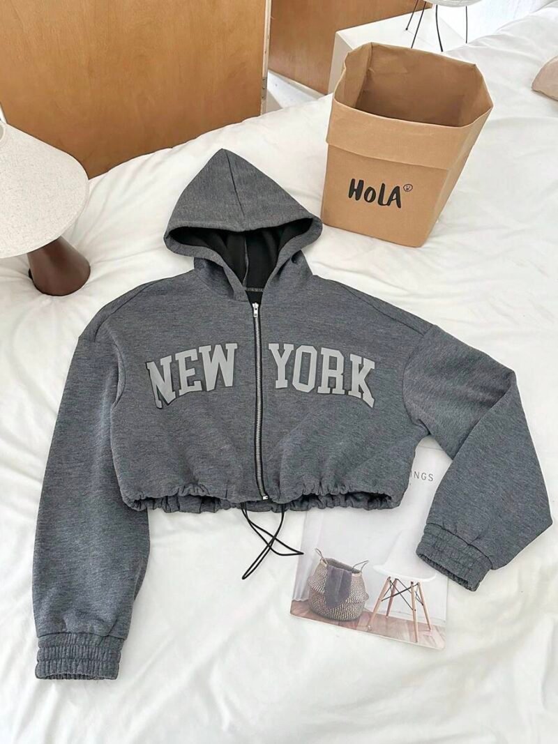 Letter Printed Casual Crop Hoodie Jacket