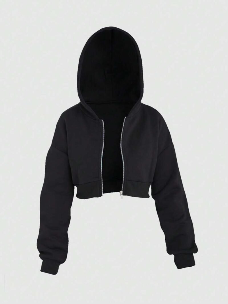 Zip Long Sleeve Simple Crop Hoodie
