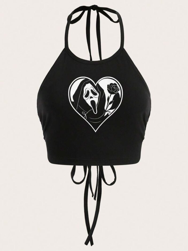 Casual Skull & Rose Graphic Sexy Halter Crop Top