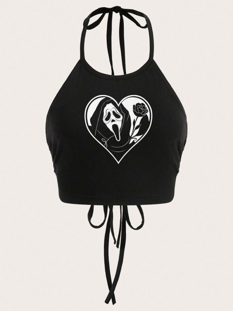 Casual Skull & Rose Graphic Sexy Halter Crop Top