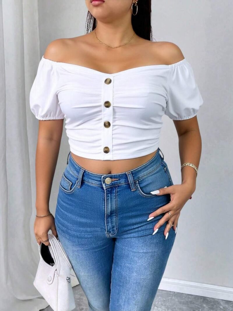Plus Size Women Off Shoulder Puff Sleeve Cropped