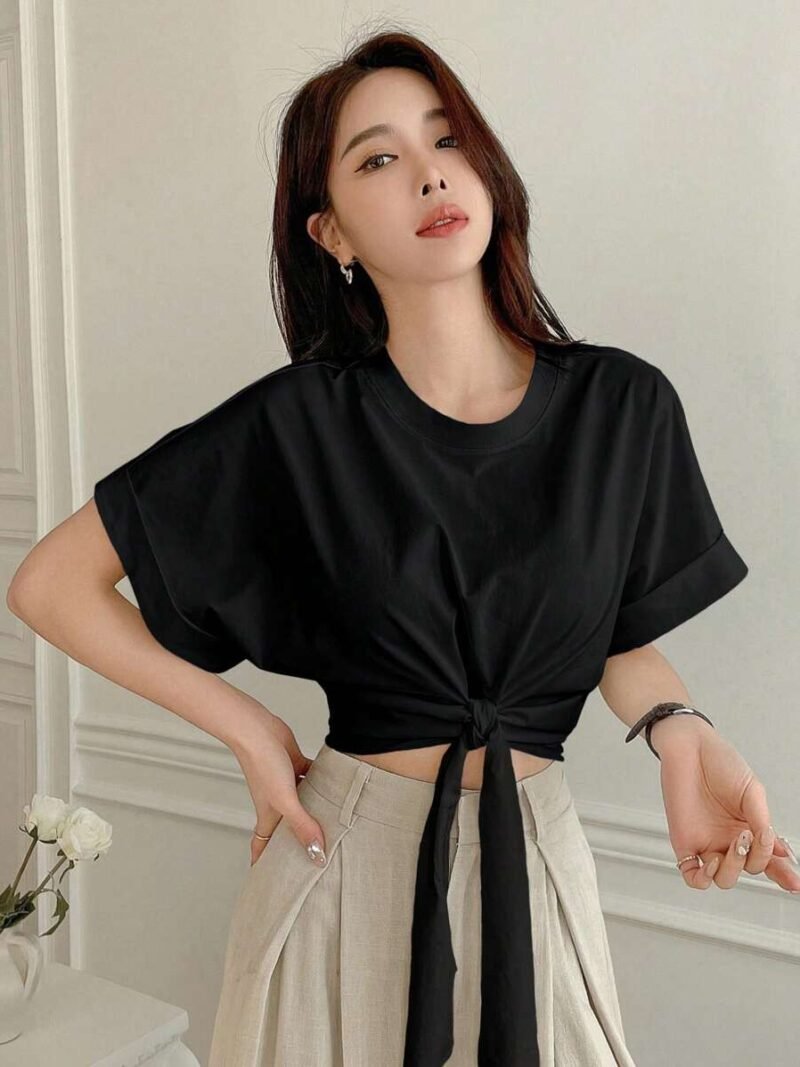 Solid Color Round Neck Batwing Short Sleeve