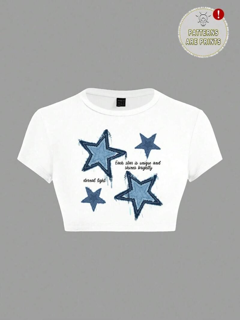 Women Casual Simple Star Print Crew Neck Short Sleeve