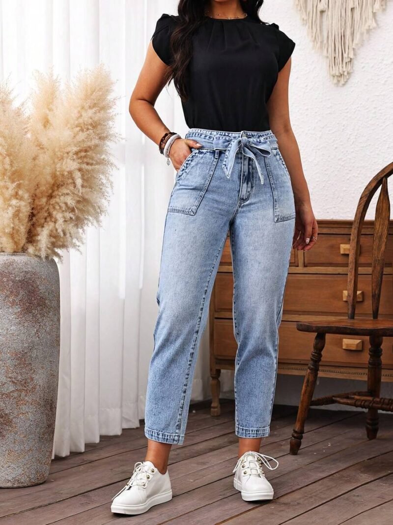 Casual Denim Belted Tapered Pant