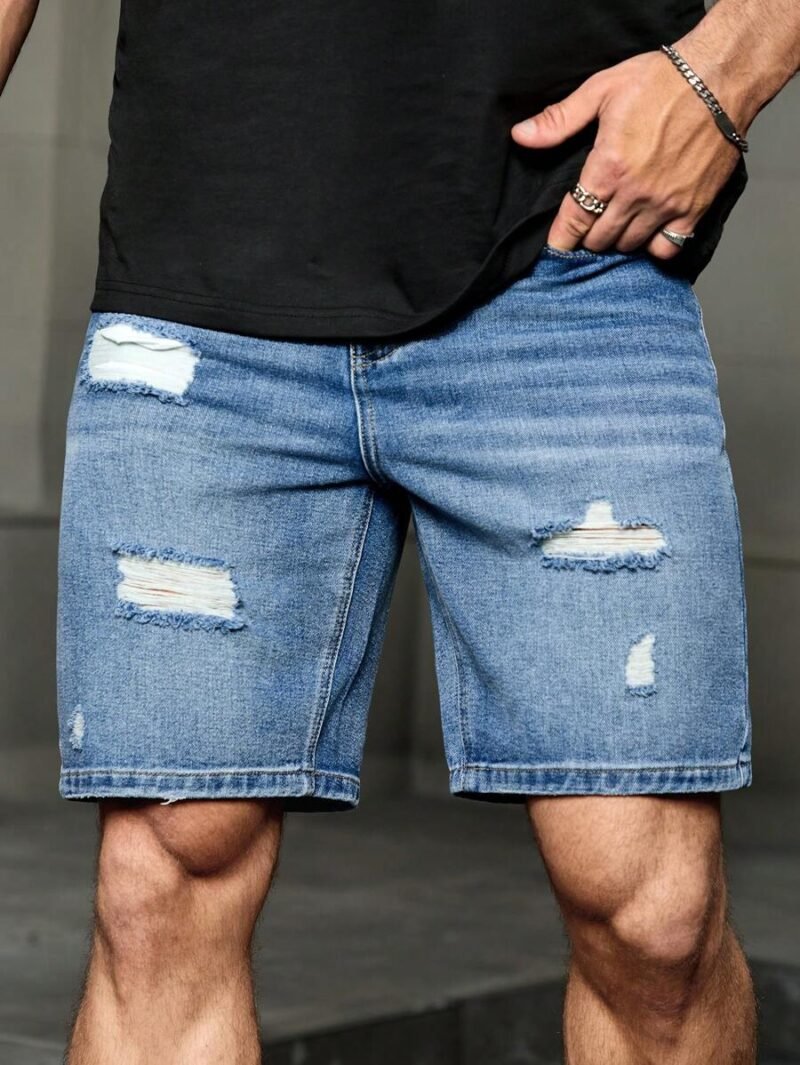 Washed Ripped Plain Light Blue Denim Shorts