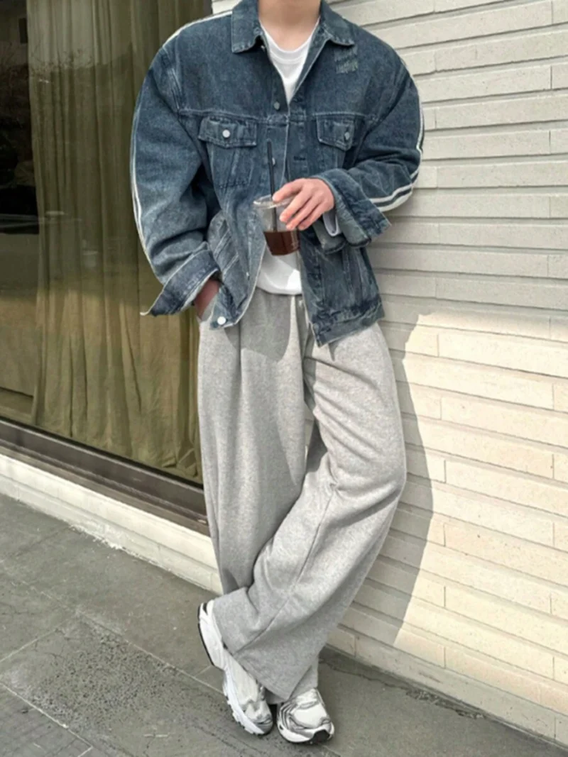 Autumn Denim Jacket With Decorative Lines Blue