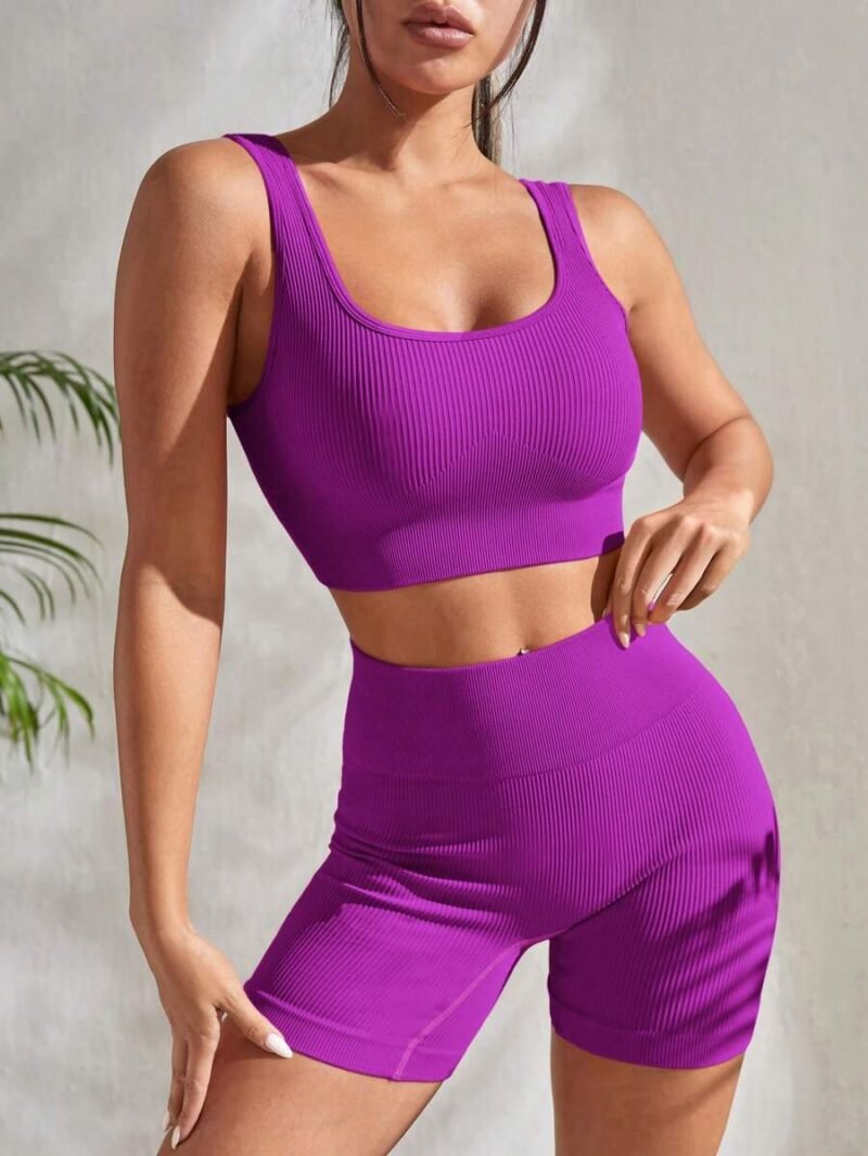 Seamless Yoga Set Sports Suit Ribbed Knit Tank