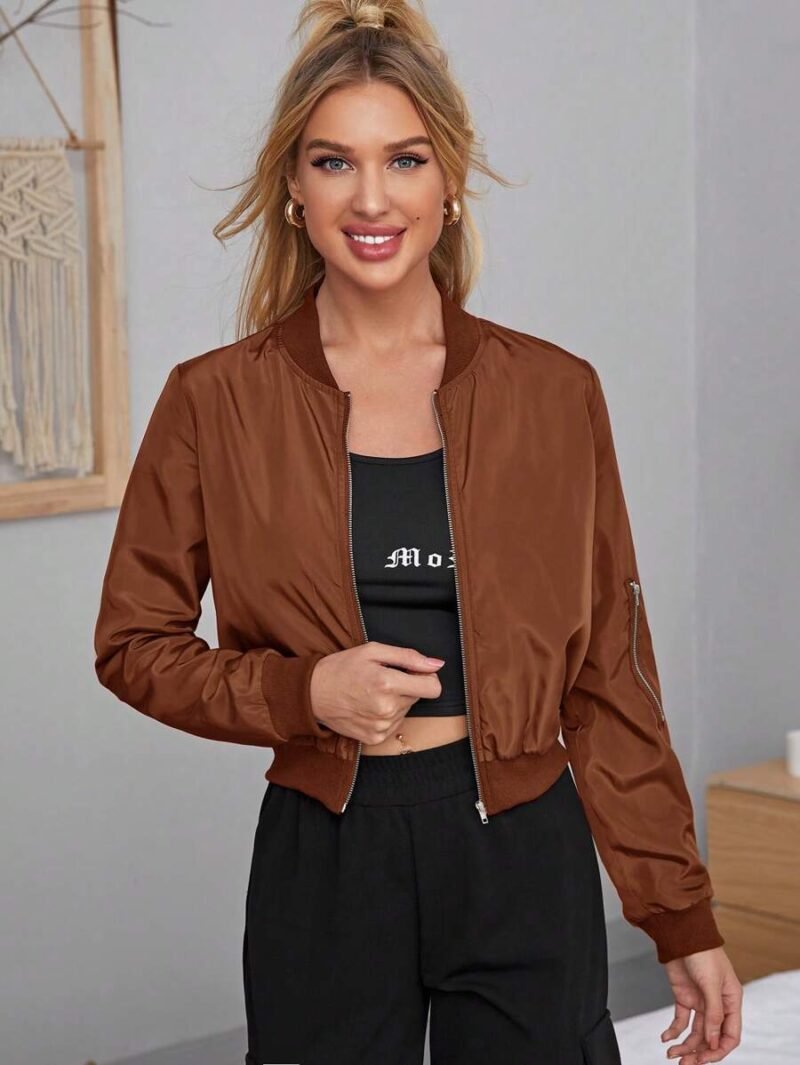 Casual Ribbed Patchwork Zipper Short Jacket
