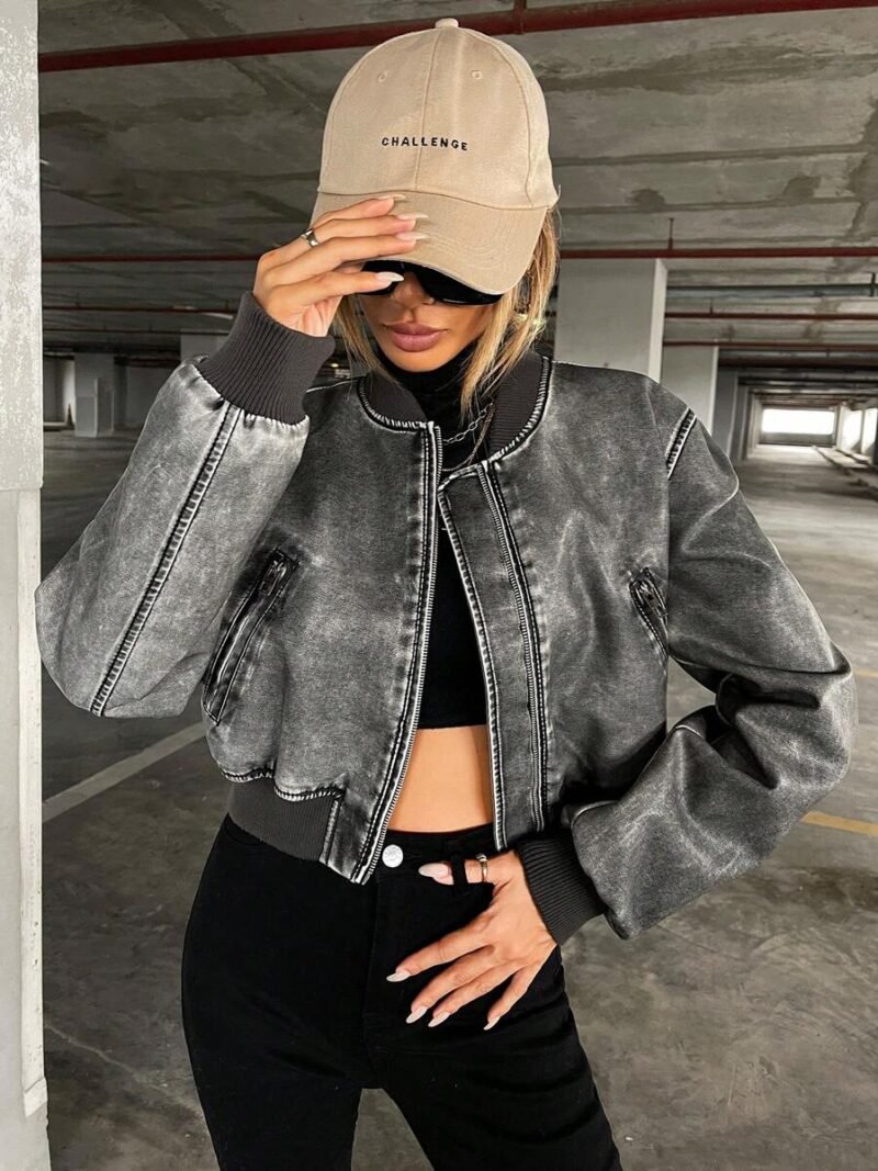 Drop Shoulder Zipper PU Leather Bomber Jacket