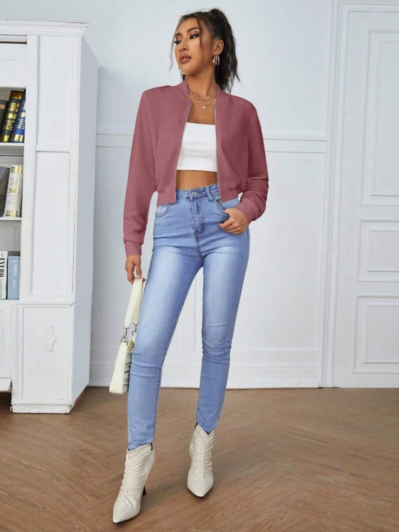 Solid Color Baseball Collar Long Sleeve Zipper Jacket