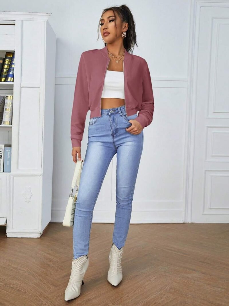 Solid Color Baseball Collar Long Sleeve Zipper Jacket