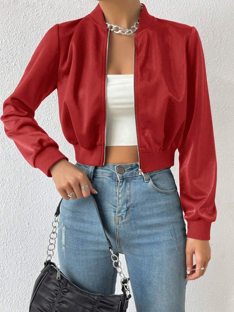 Spring ClothesSolid Zip Up Crop Bomber Jacket