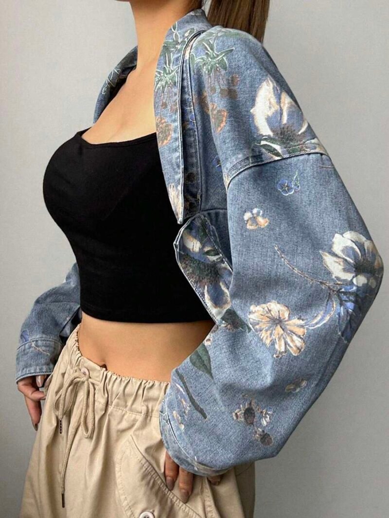 Floral Printed Open Front Denim Jacket